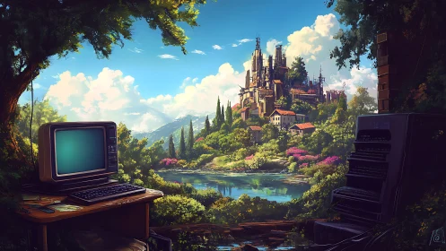 Retro terminal daydreaming toward a distant techno-citadel.