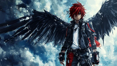 Red haired winged boy in dark urban outfit against sky