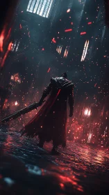 Lone bladebearer in emberlit cathedral of crimson ruin.