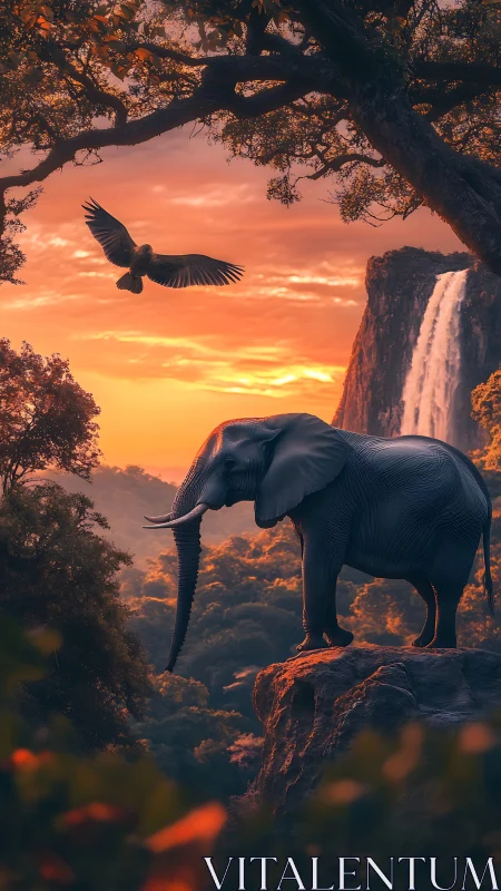 Elephant on cliff at sunset with waterfall and bird nearby.
