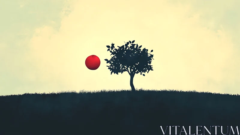 Minimalist lone tree with floating red sphere silhouette scene.