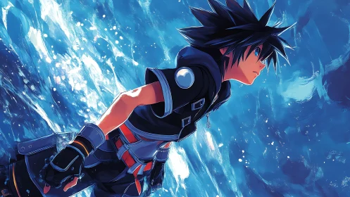 Dynamic cel-shaded diver cutting through abstract ocean flux.