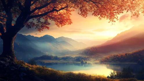 Golden hour over tranquil lake and autumn mountainscape.