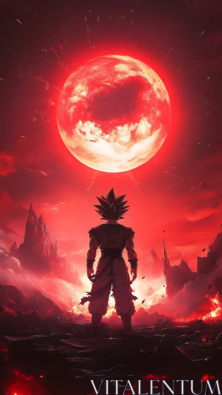 Fiery warrior gazes up at a blazing red celestial moon