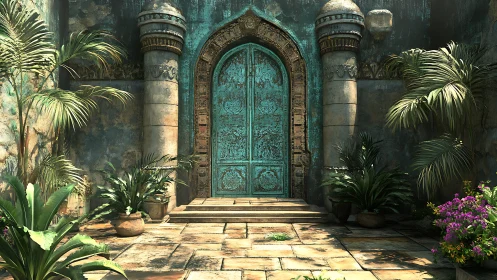 Weathered turquoise portal framed by lush courtyard flora