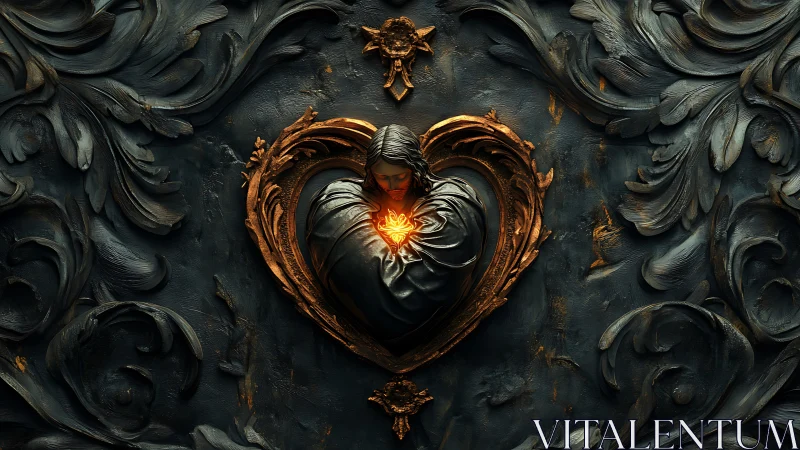 Gilded Sacred Heart Sculptural Relief with Luminous Radiant Core