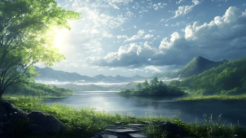 Serene mountain lake under luminous morning clouds.