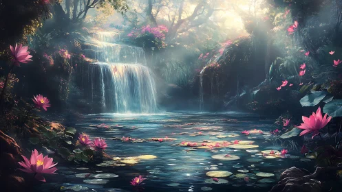 Luminous lotus waterfall sanctuary with ethereal forest light.