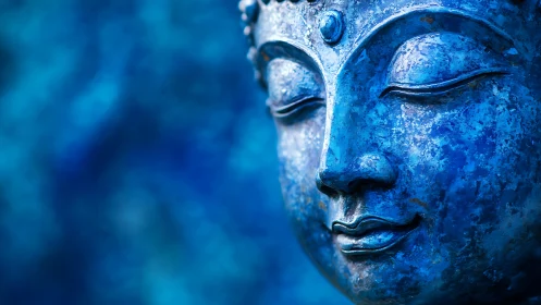 Blue Buddha sculpture portrait with serene meditative calm.