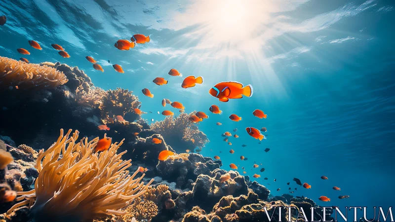 Clownfish school glides through sunlit tropical coral reef.
