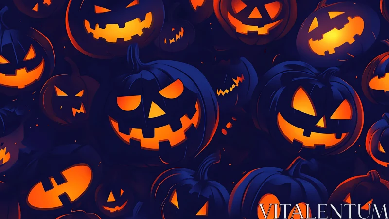 Glowing jack-o&rsquo;-lantern cluster renders stylized Halloween mood