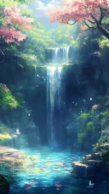 Luminescent waterfall oasis framed by blooming cherry canopy.