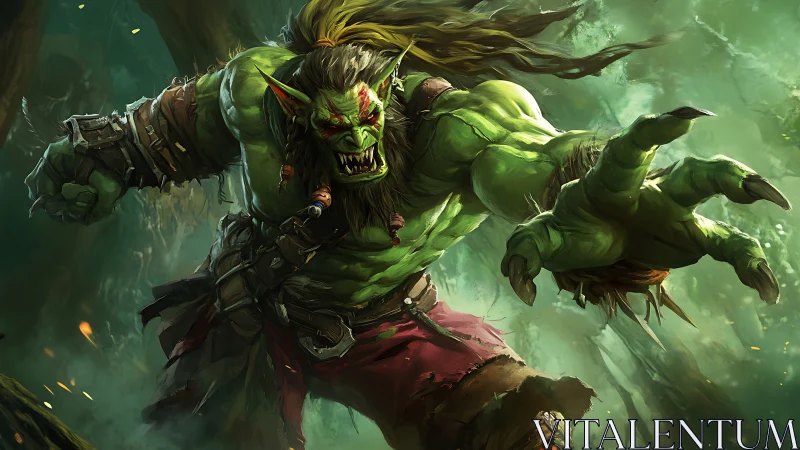 Ferocious green orc warrior lunging forward in forest.