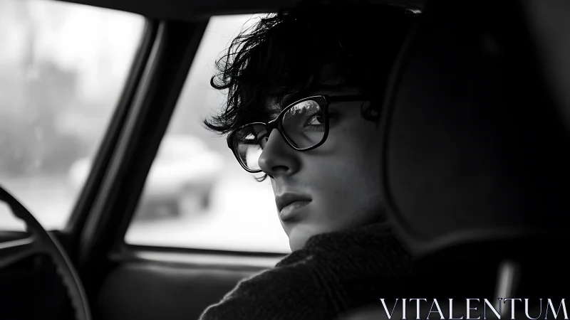 Young person in glasses seated in car interior, profile view.