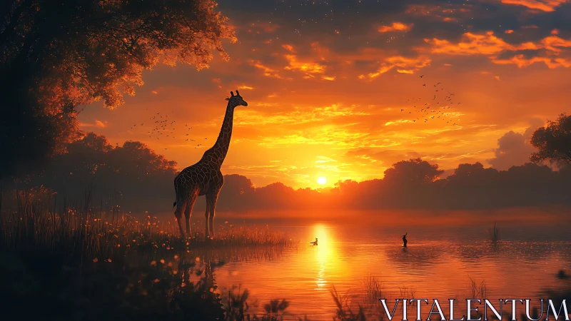 Giraffe standing by a reflective lake at vivid sunset.