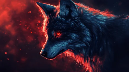 Bioluminescent wolf portrait rendered with high contrast rim lighting