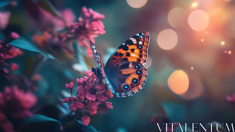 Butterfly rests on clustered blossoms under shallow depth of field