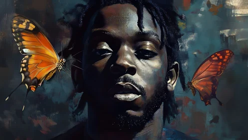 Moody portrait with monarch butterflies and textured light.