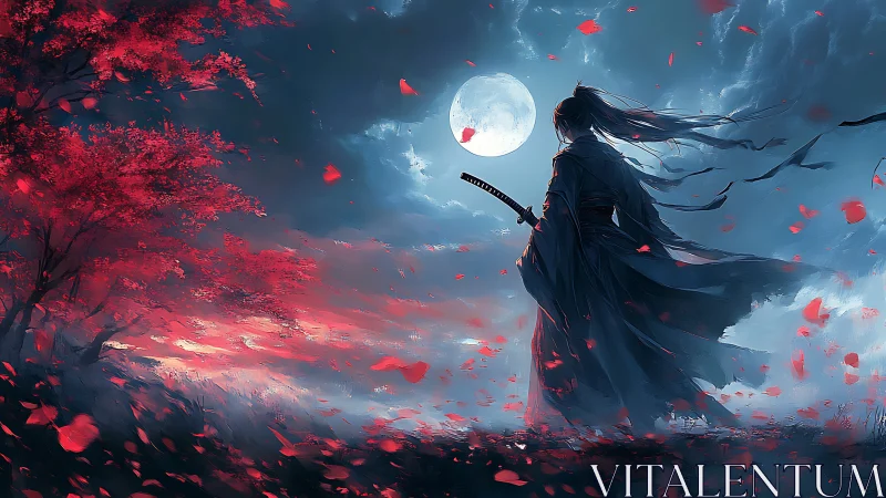 Moonlit ronin wandering through a storm of crimson petals.