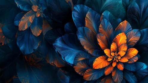 Fractal floral structure renders layered teal and orange feathered petals
