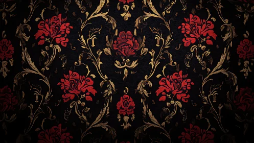 Baroque textile field with red floral brocade illumination.