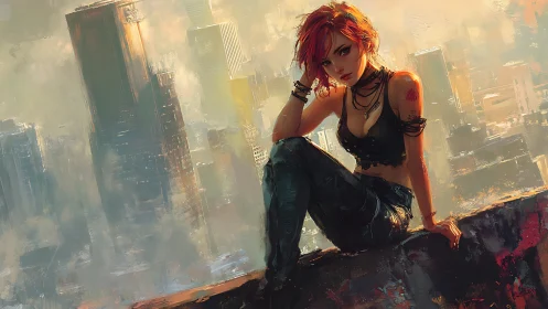 Cyberpunk rooftop portrait of red‑haired woman in dusk haze