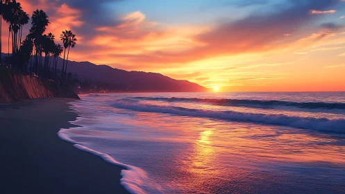 Tide-kissed sunset paints palm-lined coast in molten color