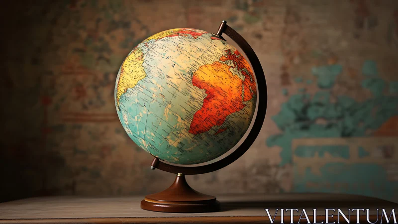 Vintage illuminated world globe on wooden desktop stand.