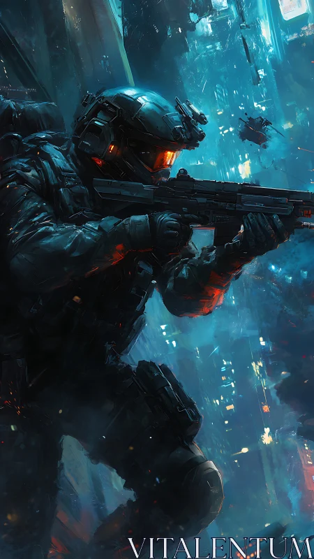 Armored scout moves through neon city on a tense mission.