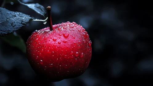 Close-up of red apple with water droplets on branch.