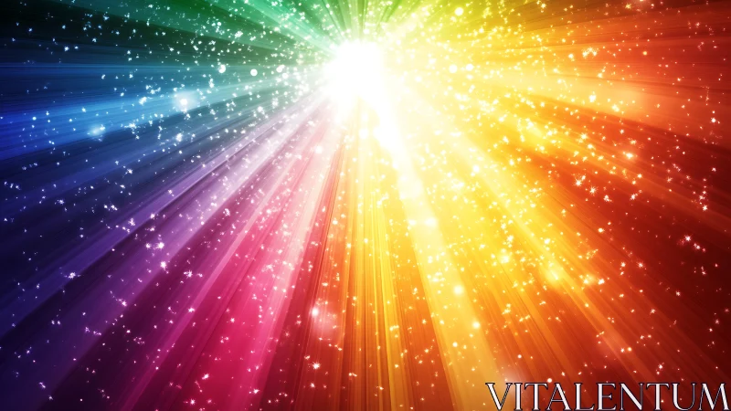 Radiant rainbow starburst spilling warm, sparkling light.