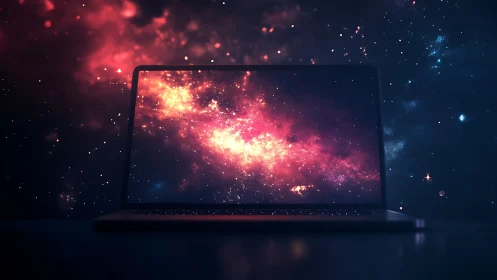 Laptop screen displays composite nebula against dark backdrop