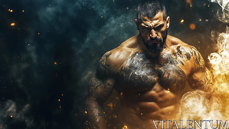 Hyperreal muscular fighter emerges through volumetric smoke and fire