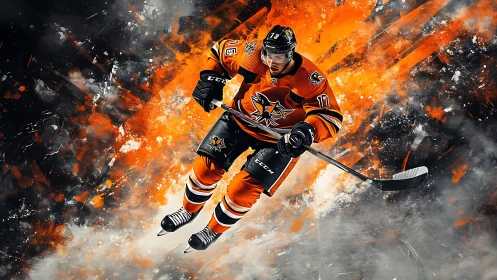 Dynamic ice hockey forward in orange kit amid fiery bursts.