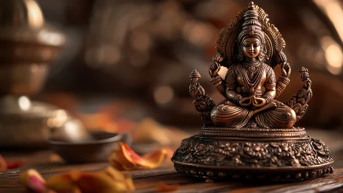 Bronze Hindu goddess statue rests amid warm ritual petals.