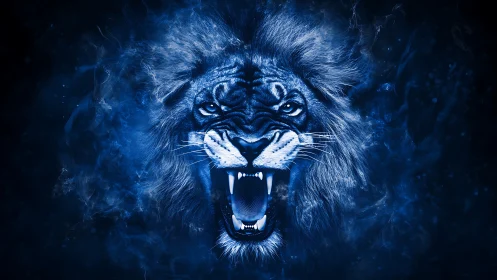 Midnight roar of a spectral blue lion crowned in smoke.