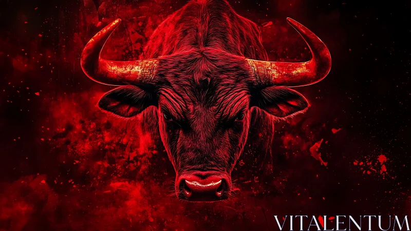 Digital painting of a crimson bull head in frontal composition.