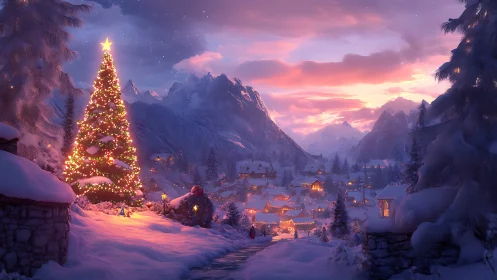 Illuminated alpine Christmas tree dominates snowy valley scene