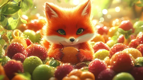 Cute orange fox surrounded by colorful fresh fruits.