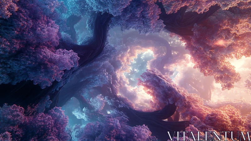 Twisting fantasy trees form luminous pastel forest canopy