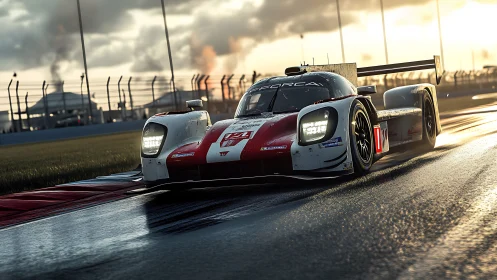 Endurance race car glowing on a wet sunset racetrack.