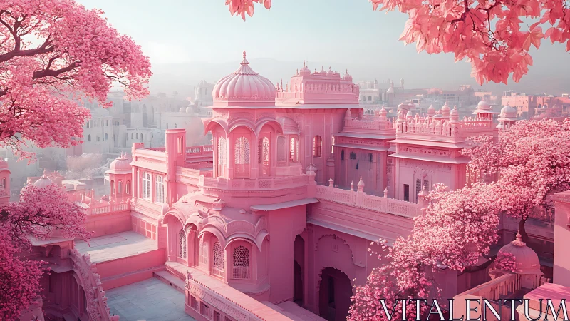 Dreamy pink palace gardens drifting in soft morning light.