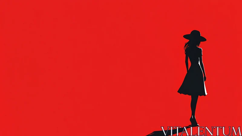 Silhouette of Woman in Dress and Hat on Red Minimalist Background.