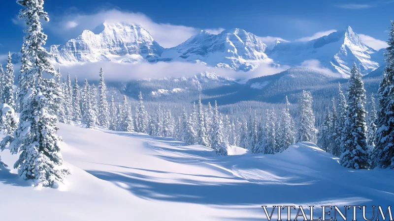 High alpine conifer forest under fresh powder snow and peaks