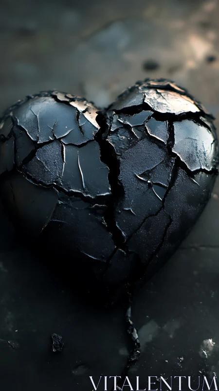 Fractured black heart sculpture with charred, flaking surface texture