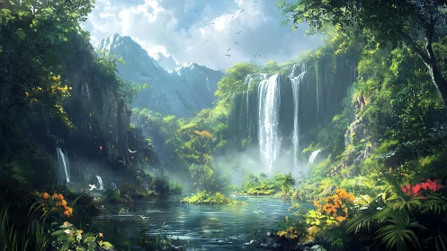 Lush tropical waterfall valley under bright midday light