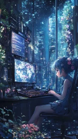 Midnight coder blooms in a neon garden of glass towers.