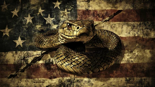 Coiled serpent of defiance on a weathered American banner.