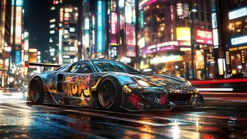 Graffiti race car slicing through neon city streets at night.
