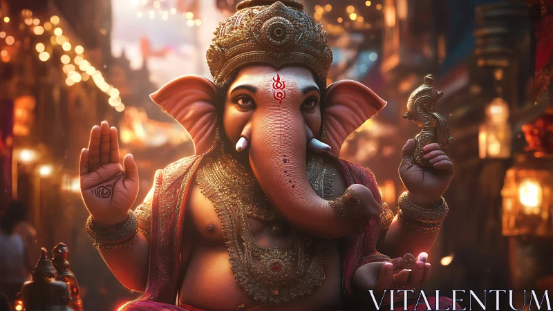 Majestic Ganesha idol amid glowing festive street lights.
